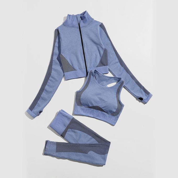 Three Piece Yoga Sportswear Casual Long Sleeve Bra Tights Set-Blue